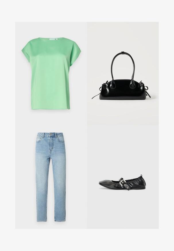 Blouse mint green à manches courtes avec un col rond et un tissu lisse et léger. Présente une coupe ample et de subtils fentes sur les côtés.; Jean en denim bleu clair de coupe droite, style cinq poches, fermeture par bouton en métal, avec un léger effet délavé sur le devant.; Chaussure plate en cuir noir avec un nez pointu, des détails froncés autour de l'ouverture et un accent en boucle argentée sur la bride ajustable.; Petit sac à main noir brillant avec deux longues anses et des détails à cordon sur les côtés sur un fond clair uni.