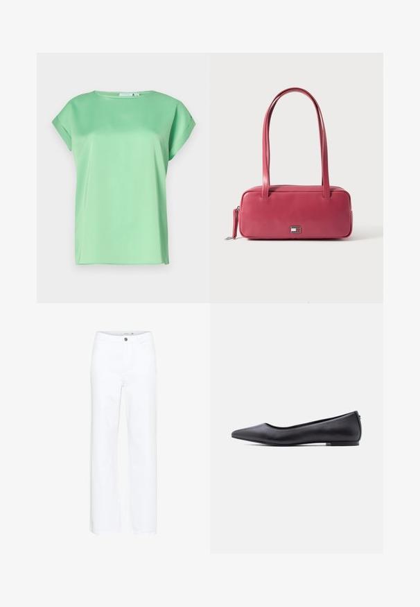 Mintgrøn kortærmet bluse med rund udskæring og blødt, let stof. Har en løs pasform og diskrete sideslids.; Hvide brede jeans i denim. Har en knaplukning og traditionelt fem-pockets design. Glat tekstur med en ren finish.; Sort flad lædersko med spidst tåparti og lav hæl, vist i sideprofil mod en hvid baggrund.; Lyserød læderhåndtaske med rektangulær form, dobbelte håndtag og en lille metalemblem på fronten, med en glat, blank tekstur.