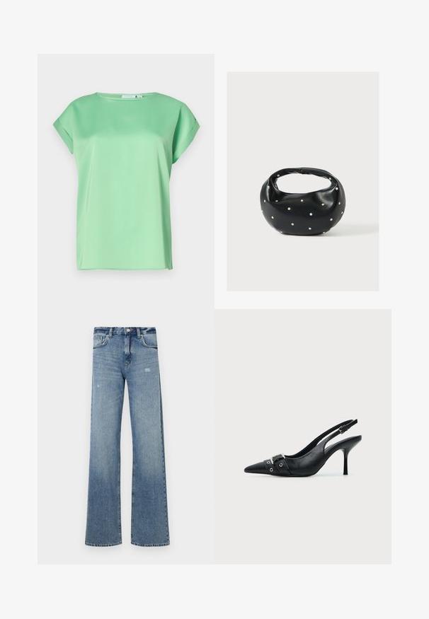 Blouse mint green à manches courtes avec un col rond et un tissu lisse et léger. Présente une coupe ample et de subtils fentes sur les côtés.; Jean en denim bleu clair avec une taille haute, une coupe large, un léger effet usé et une structure classique à cinq poches.; Escarpin slingback à talon haut en cuir noir avec bout pointu, boucle et détail de bride œillet à l'avant.; Sac à main en cuir noir de forme arrondie, décoré de clous argentés et équipé d'une poignée courte. Texture lisse et fermeture éclair.
