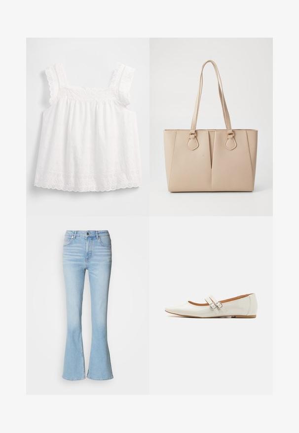 Haut blanc sans manches avec un design plissé, des bords festonnés et des motifs floraux en broderie ajourée, avec des détails délicats le long des bretelles.; Jean évasé bleu clair en denim avec taille haute, présentant une décoloration subtile et une fermeture à glissière standard.; Ballerines en cuir verni blanc avec un bout pointu, deux sangles décoratives avec des boucles en argent, et une semelle marron discrète.; Sac fourre-tout beige en faux cuir texturé, doté de poignées doubles et d'accents en métal doré. Le design présente un détail avant fendu.