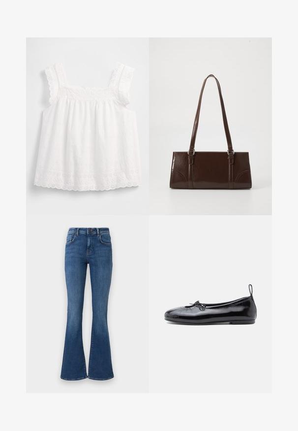 Haut blanc sans manches avec un design plissé, des bords festonnés et des motifs floraux en broderie ajourée, avec des détails délicats le long des bretelles.; Jean en denim bleu taille haute avec poches avant, passants de ceinture, fermeture par bouton et jambes larges évasées sur un fond uni clair.; Ballerine en cuir verni noir avec un bout rond, un petit nœud décoratif et une texture lisse ; présente une semelle plate basse et une languette au talon.; Sac à main en cuir verni marron de forme rectangulaire, avec deux longues poignées et des accents courbés subtils à l'avant.