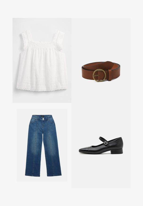 Haut blanc sans manches avec un design plissé, des bords festonnés et des motifs floraux en broderie ajourée, avec des détails délicats le long des bretelles.; Jean en denim bleu à taille haute et jambes larges, avec deux boutons, des poches avant et des coutures contrastées à l'avant.; Chaussures Mary Jane en cuir noir avec un embout en vernis, une sangle cheville réglable et un petit talon carré. Texture lisse et design élégant.; Ceinture en cuir marron avec une boucle en laiton ronde, présentant une texture lisse et des coutures contrastées le long des bords.