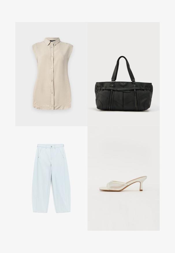 Chemise sans manches beige clair avec un devant boutonné, un col pointu et un ourlet arrondi. Fabriquée dans un tissu doux et texturé.; Pantalon bleu clair à taille haute, jambes larges, avec poches avant, passants de ceinture et fermeture à bouton.; RAID TIANA - Chaussures de mariée - white; Sac fourre-tout en cuir noir au design structuré. Il dispose de deux poignées supérieures, d'une finition texturée, de sangles accentuées et de deux poches zippées.