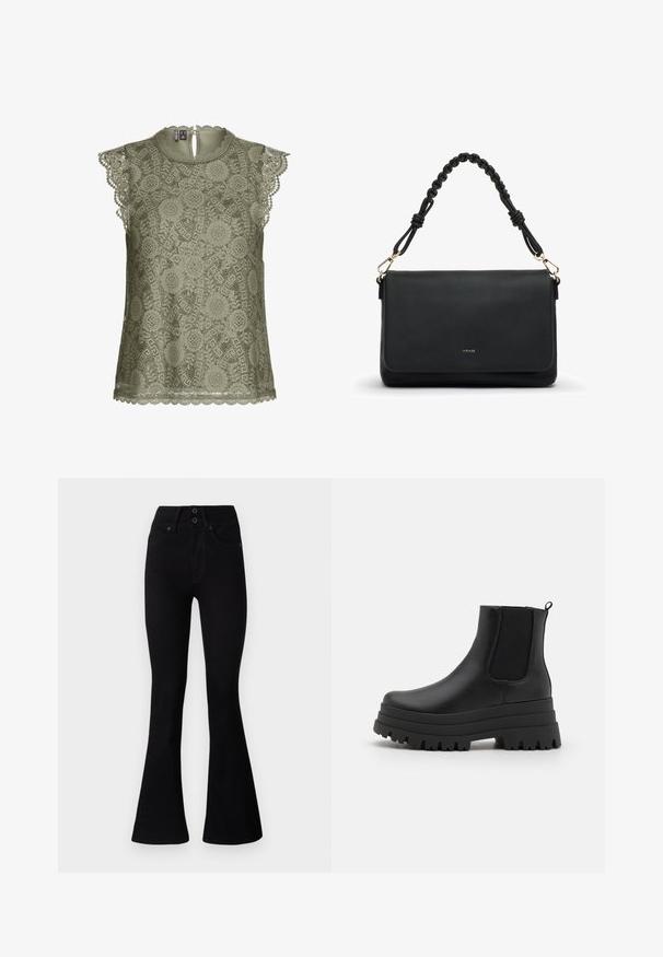 Blusa sin mangas de encaje verde oliva con patrones florales, bordes con ondas y un pequeño cierre de botón en la parte posterior del escote.; Pepe Jeans FLARE CONTOUR - Vaqueros a campana - black denim; Botas Chelsea negras con suela de plataforma gruesa, parte superior de cuero suave, paneles laterales elásticos y una pestaña en la parte trasera para ponérselas fácilmente.; Bolso de hombro de cuero negro con asa trenzada y cierres en tono dorado, cierre con solapa frontal y pequeño logo dorado "MIRIADE".