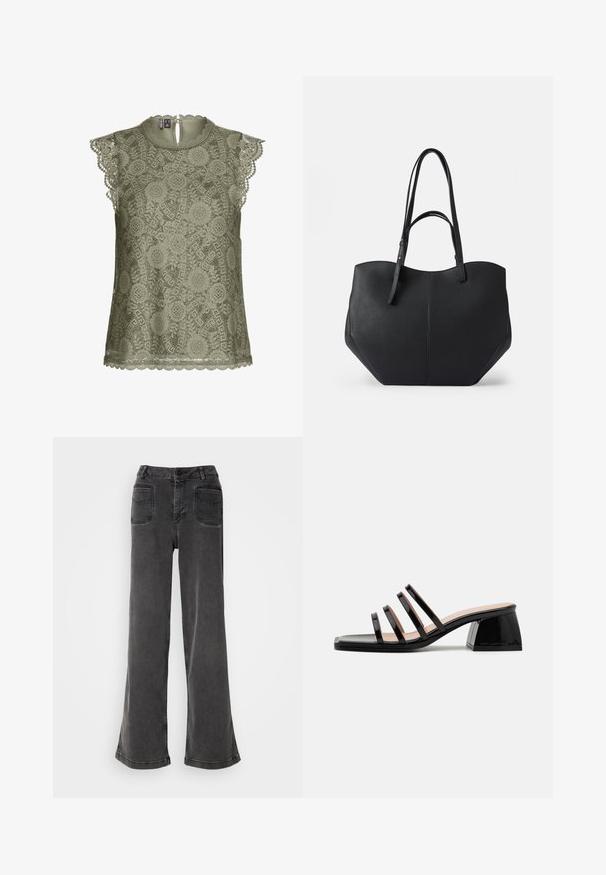 Blusa sin mangas de encaje verde oliva con patrones florales, bordes con ondas y un pequeño cierre de botón en la parte posterior del escote.; Jeans negros de tiro alto y pierna ancha, hechos de denim, con cierre de botones, presillas para cinturón y dos bolsillos traseros con detalles de costura.; Nodaleto BULLA AVA - Mules de tacón - black; Bolsa tote negra de cuero liso y texturizado, con parte superior redondeada y dobles asas largas. Presenta una base angular para estabilidad y un diseño estructurado.