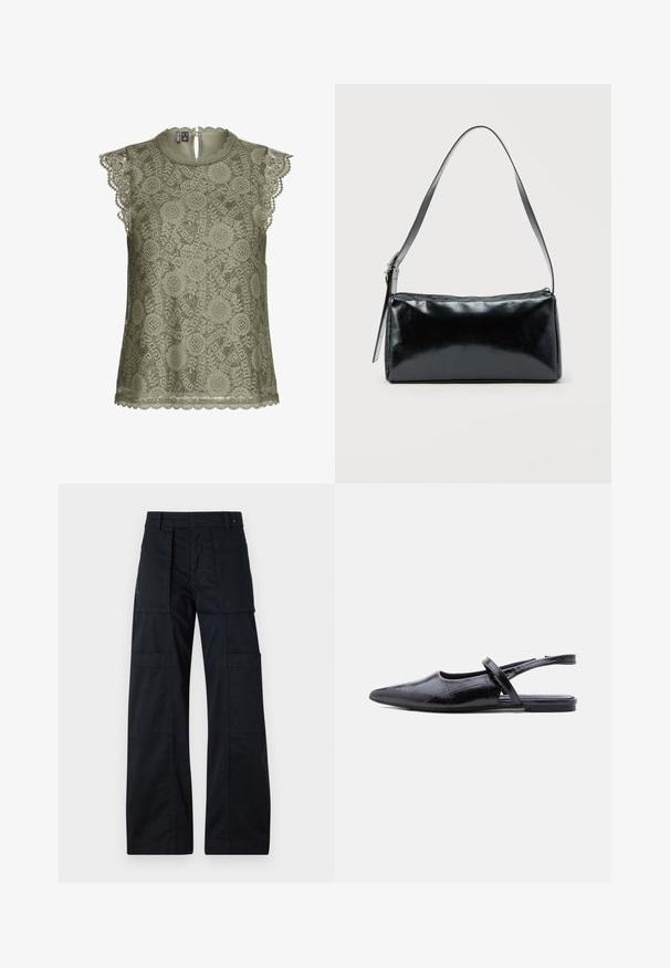 Blusa sin mangas de encaje verde oliva con patrones florales, bordes con ondas y un pequeño cierre de botón en la parte posterior del escote.; Pantalones cargo negros con un diseño de pierna ancha, que cuentan con múltiples bolsillos grandes, una cintura ajustada y una textura de algodón suave.; Zapato plano de punta negra con tirante delgado sobre la parte superior y patrón de piel texturizada.; Bolso de hombro rectangular negro con una correa ajustable y un cierre de cremallera superior sobre un fondo liso.