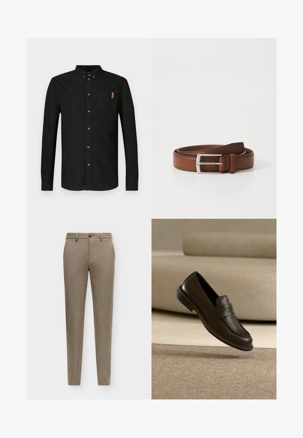 Chemise noire à manches longues en coton, avec une patte de boutonnage sur le devant, une poche poitrine avec un accent beige, et des boutons bleus.; Pantalon beige coupe slim avec passants de ceinture, bouton à l'avant et poches latérales, présenté sur un fond uni.; Un seul mocassin en cuir brun foncé flottant au-dessus d’un tapis texturé beige, avec un canapé beige flou en arrière-plan.; Ceinture en cuir brun au fini lisse, avec une boucle en métal argenté et une couture subtile le long des bords. Design classique et durable.