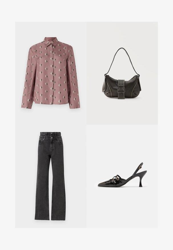 Chemise boutonnée en tissu rose doux, ornée d'un motif géométrique de diamants et de triangles en gris doux et noir. Manches longues, col classique.; Des jeans noirs taille haute présentent une coupe droite, des détails légèrement déchirés et des boutons en métal au niveau de la taille.; ALOHAS JOELLE ONIX - Escarpins - black; Sac à épaule en cuir noir avec une sangle à boucle, des bords arrondis et des coutures blanches contrastées sur un fond uni.