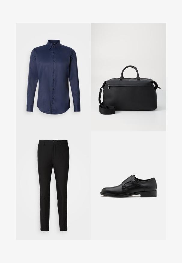 Navyblauwe herenoverhemd met lange mouwen, puntige kraag en knoopsluiting aan de voorkant, weergegeven op een eenvoudige witte achtergrond.; Zwarte slim fit broek met een knoopsluiting, ritssluiting en twee zijzakken. Glad materiaal met een matte afwerking.; Zwarte leren dresschoen met dubbele gespen, slank silhouet en ronde neus. Kenmerkt zich door een lage hak en een gladde textuur.; Zwarte leren reistas met twee bovenhandvaten, een afneembare schouderband en een ritsvak aan de voorkant voor extra opbergruimte.