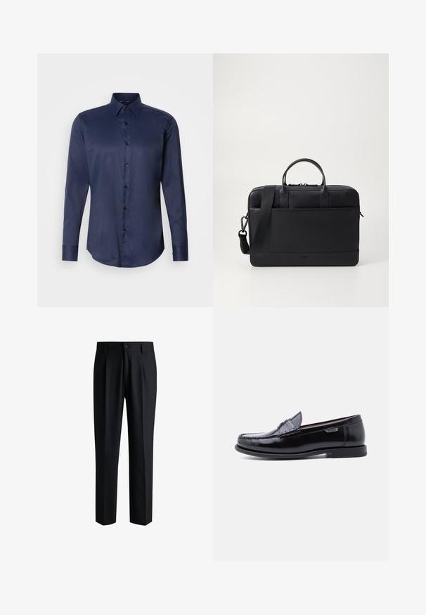 Marineblaues langärmliges Herrenhemd mit spitzem Kragen und vorderem Knopfverschluss, auf einem einfarbigen weißen Hintergrund präsentiert.; Schwarze Hose aus glattem Stoff, mit geradem Bein-Design, Falten vorne und einem Knopfverschluss mit Gürtelschlaufen.; Schwarze Leder-Loafer mit glänzendem Finish, mit einer gesteppten Verzierung auf der Zehenpartie und einer niedrigen, strukturierten schwarzen Gummisohle.; Schwarze Lederaktentasche mit doppelten Griffen und verstellbarem Schultergurt. Bietet ein elegantes Design, eine glatte Textur und minimalistische Akzente.