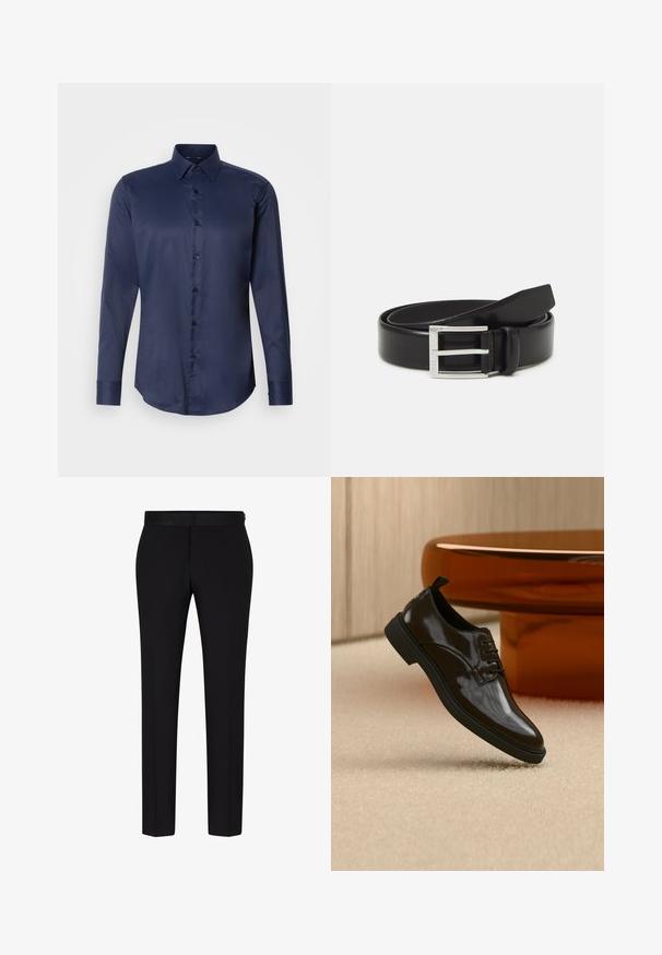 Navyblauwe herenoverhemd met lange mouwen, puntige kraag en knoopsluiting aan de voorkant, weergegeven op een eenvoudige witte achtergrond.; BOSS H GENIUS TUX 231 - Pantalon - black; Zwarte glanzende leren veterschoen zwevend boven een beige tapijt met een glanzende bruine ronde tafel op de achtergrond.; Zwarte leren riem met een glanzende afwerking; voorzien van een zilveren metalen gesp met een rechthoekig frameontwerp en gladde randen.