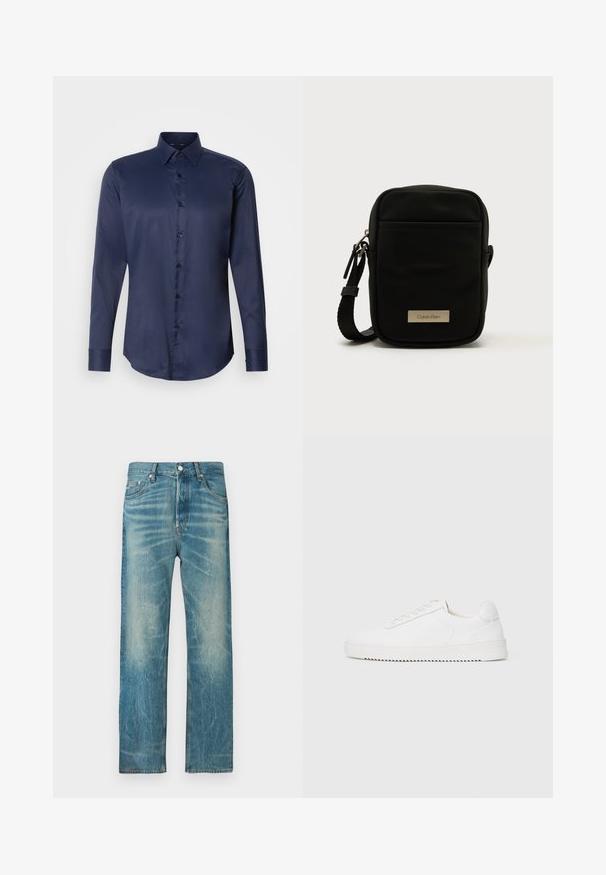 Marineblaues langärmliges Herrenhemd mit spitzem Kragen und vorderem Knopfverschluss, auf einem einfarbigen weißen Hintergrund präsentiert.; Jeans aus Denim in Hellblau mit verwaschenem Finish, geradem Schnitt, sichtbaren Nähten und dezenten Farb- und Abriebspuren.; Weißer Sneaker mit einem Obermaterial aus glattem Leder, abgerundetem Zehenbereich, Schnürsenkeln, strukturierten seitlichen Akzenten und einer dicken Gummisohle. Minimalistisches Design.; Schwarze, strukturierte Nylon-Umhängetasche mit rechteckiger Form, ausgestattet mit einer Vorderreißverschlusstasche und einer Metall-Logoplatte. Verstellbarer Riemen inklusive.
