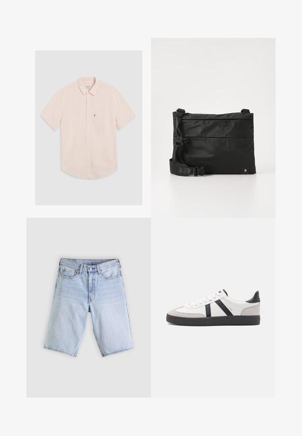 Kurzärmliges, hellrosa Hemd mit Knopfleiste und Kragen, linke Brusttasche und abgerundetem Saum. Aus weichem Stoff mit minimaler Struktur.; Hellblaue Jeansshorts mit vorderem Knopf und Reißverschluss, Gürtelschlaufen und einem Fünf-Taschen-Design, flach auf einem weißen Hintergrund liegend.; Weiße Sneaker mit schwarz- und grau-aczenten, ausgestattet mit einer strukturierten grauen Zehenkappe, schwarzer Gummi-Sohle und flachen weißen Schnürsenkeln. Sauberes Design, minimalistische Stil.; Schwarze Nylon-Umhängetasche mit verstellbarem Riemen, flachem Design und seitlichem Etikett mit Logo. Glatte Textur und minimalistischer Stil.