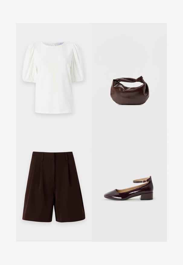 Blouse blanche avec des manches bouffantes, un col rond et un motif en œillets pour la texture. Détail de fermeture par un keyhole au dos ajoutant un élément de design subtil.; Shorts plissés marron en tissu léger. Dotés d'une ceinture classique et de poches latérales, avec une coupe droite et des bords ourlés.; Chaussure à talon bordeaux brillant avec un bout arrondi et une sangle à la cheville, posée sur un fond uni.; Sac bandoulière en cuir marron foncé avec une forme souple et décontractée et une anse nouée torsadée sur un fond blanc uni.