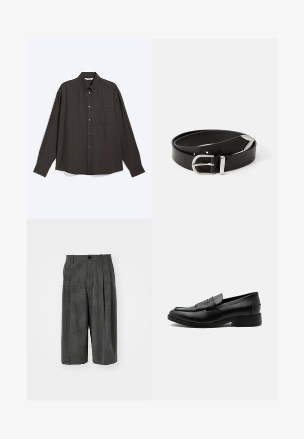 Dark grey long-sleeve button-up shirt with subtle vertical pinstripes, a front chest pocket, and a pointed collar, laid flat on a white background.; Gray pinstriped wide-leg shorts with a button closure and pleated front. Made from a textured fabric, featuring a tailored design.; Black leather men's loafer with tassel detail, rounded toe, low heel, and smooth polished finish, shown from the side on a white background.; Black leather belt with a silver metal buckle, featuring a classic design and a smooth texture. Includes holes for adjustable fitting.