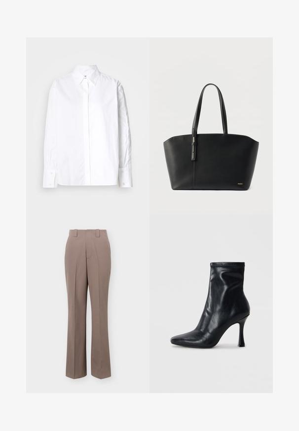 Chemise blanche à col classique, à manches longues et avec poignets à bouton. Fabriquée en tissu doux, elle présente une patte de boutonnage sur le devant.; Pantalon droit taille haute taupe avec passants de ceinture et détail de pli sur le devant.; Bottine noire en cuir avec un bout pointu, une silhouette ajustée et un haut talon aiguille. Texture lisse et peu de détails de couture.; Sac cabas en cuir noir avec deux poignées et petit logo doré "HUGO" en bas à droite, posé sur un fond blanc.
