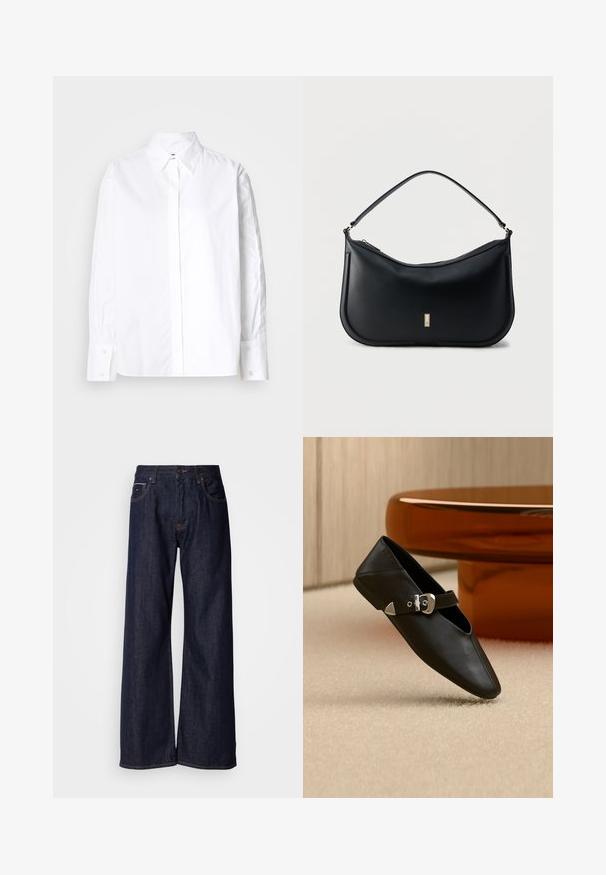 Camisa blanca de botón con cuello clásico, mangas largas y puños abotonados. Fabricada con una tela suave, presenta una tapeta en el centro delantero.; Jeans de mezclilla oscura de pierna ancha con una cintura alta, con bolsillos frontales y detalles de costura sutiles. Textura suave con un corte clásico.; Zapato plano de cuero negro con punta puntiaguda y correa con hebilla plateada, colocado sobre una alfombra beige frente a una mesa redonda de color ámbar.; Bolso de hombro de cuero negro con una sola correa, diseño minimalista, fondo curvo y una pequeña placa rectangular dorada con el logo en la parte frontal.