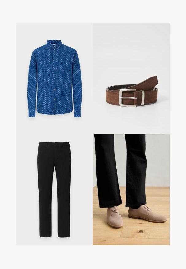 Chemise à manches longues avec boutons, en tissu bleu orné de motifs carrés blancs, dotée d'un col classique et de boutons métalliques sur le devant.; Chinos noirs à coupe droite, fabriqués en mélange de coton lisse, avec passants pour ceinture et fermeture avant par bouton.; Chaussures en daim marron clair avec une texture lisse, un bout rond et un design à lacets, associées à un pantalon noir à jambes droites sur un sol en bois.; Ceinture en suède marron avec une boucle en métal argenté et des détails de coutures linéaires. La ceinture est plate et a une largeur et une forme classiques.