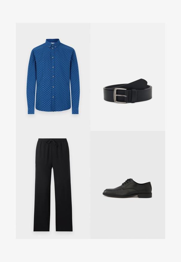 Chemise à manches longues avec boutons, en tissu bleu orné de motifs carrés blancs, dotée d'un col classique et de boutons métalliques sur le devant.; Pantalon noir ample avec taille élastique et cordon de serrage à l'avant, jambes droites, design sobre, présenté sur un fond neutre.; Chaussure noire en cuir à lacets avec une finition lisse, un bout arrondi et un petit talon en caoutchouc. Présente des détails de couture subtils sur la tige.; Ceinture en cuir noir avec une boucle en métal argenté, présentant une finition lisse et un design classique. La ceinture est enroulée avec l'extrémité pointée.