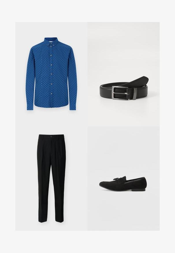 Chemise à manches longues avec boutons, en tissu bleu orné de motifs carrés blancs, dotée d'un col classique et de boutons métalliques sur le devant.; Pantalon noir taille haute, ajusté, avec passants de ceinture, plis à l'avant, poches latérales et fermeture boutonnée avec zip.; Mocassins en suede noir avec un bout pointu, une semelle plate et un détail de nœud décoratif à l'avant. Design simple et épuré avec une texture lisse.; Ceinture en cuir noir avec une boucle en métal argenté, présentant une finition lisse et un design classique. La ceinture est soigneusement pliée.