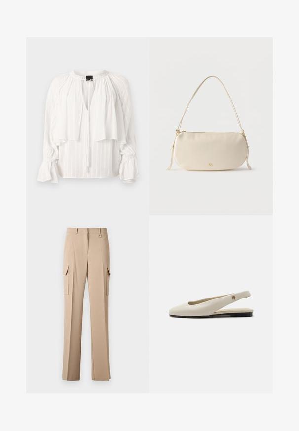 Blouse blanche avec un design plissé, en V, et un devant superposé. Présente des manches longues bouffantes avec des poignets froncés et un détail de lien à pompon.; Pantalon cargo beige avec deux poches latérales, un devant plat, et un accent métallique carré à la taille. Fabriqué en tissu lisse et léger.; Chaussure plate slingback en cuir couleur crème avec un bout arrondi et un petit emblème doré sur la bride.; Petit sac à épaule de couleur crème avec une seule sangle, fermeture éclair et logo de marque doré discret à l'avant.
