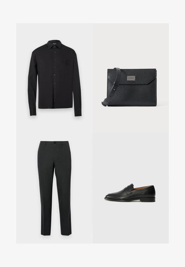 Chemise noire à manches longues avec boutons, col pointu et blason brodé subtil sur le côté gauche de la poitrine, présentée sur un fond blanc.; Pantalons gris foncé sur mesure, fabriqués en tissu lisse, avec une coupe droite, des poches avant et une fermeture à un bouton.; Mocassin en cuir noir avec un bout arrondi, des coutures subtiles et un talon bas, présentant une texture lisse et un design minimaliste.; Sac bandoulière en cuir noir texturé avec sangle réglable et plaque logo métallique à l'avant, fermeture à rabat rectangulaire de style enveloppe.