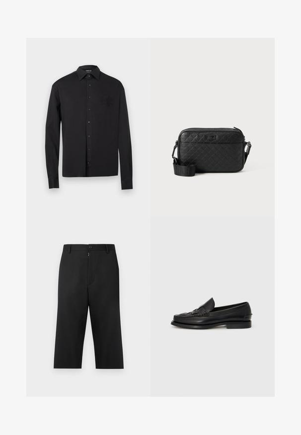 Chemise noire à manches longues avec boutons, col pointu et blason brodé subtil sur le côté gauche de la poitrine, présentée sur un fond blanc.; Pantalon noir court en tissu lisse, avec fermeture éclair et bouton à l'avant, passants pour ceinture et poches latérales.; Mocassin en cuir noir avec un détail tissé à l'avant, bout arrondi et petit talon. Texture lisse et design minimaliste.; Sac bandoulière noir texturé avec motif géométrique en relief et bandoulière réglable avec logo de la marque.