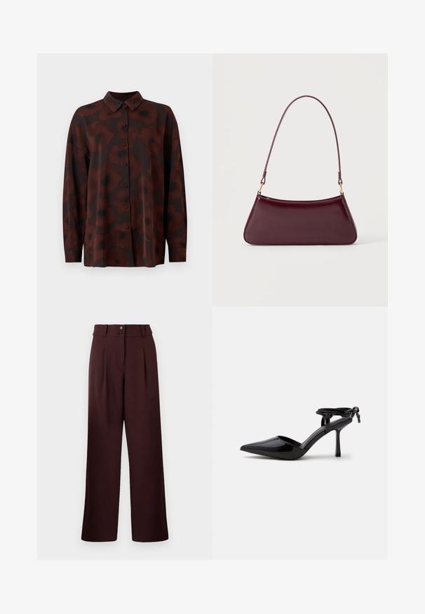 Blusa de manga larga en marrón oscuro con estampado de flores de amapola. Presenta un cierre de botones en la parte frontal y un cuello clásico. Textura de tela suave.; Pantalones de pierna ancha en burdeos oscuro, con cintura alta, dos pliegues delanteros y cierre de dos botones. Confeccionados en tejido texturizado.; Zapato de tacón alto de cuero charol negro con punta puntiaguda y correa en el tobillo atada en un nudo en la parte trasera, mostrado sobre un fondo blanco liso.; Bolso brillante de color burdeos oscuro con un asa fina y única y una forma elegante de trapecio sobre un fondo claro y liso.
