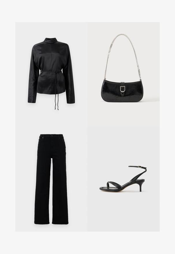 Chemise longue à manches longues en satin noir avec un col haut, taille cintrée et détail de cordon de serrage ajustable. Texture lisse avec une finition élégante.; Jeans noirs taille haute au design droit, en denim. Caractéristiques : passants de ceinture, poches avant et détail de bouton.; Sandale pour femme en cuir noir avec fines lanières, une boucle d'orteil, une boucle à la cheville et un talon aiguille de hauteur moyenne sur un fond neutre.; Sac à épaule en cuir verni noir avec détail de boucle argentée et bandoulière en chaîne argentée, présenté sur un fond uni clair.
