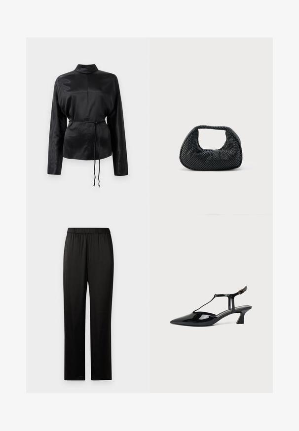 Chemise longue à manches longues en satin noir avec un col haut, taille cintrée et détail de cordon de serrage ajustable. Texture lisse avec une finition élégante.; Pantalons noirs à jambes droites avec ceinture élastique, en tissu lisse, sans poches ni embellissements visibles, présentés sur un fond blanc.; Chaussure slingback en cuir verni noir à bout pointu avec bride en T et petit talon bloc incliné sur fond blanc.; Sac hobo tissé noir avec une structure souple et une poignée intégrée, présenté sur un fond clair uni.
