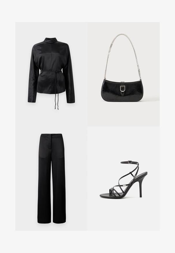 Chemise longue à manches longues en satin noir avec un col haut, taille cintrée et détail de cordon de serrage ajustable. Texture lisse avec une finition élégante.; Pantalons noirs à jambes larges avec une surface texturée, dotés d'une taille plate et de deux poches latérales. Le tissu semble léger et fluide.; Sandale noire à talons hauts avec des brides fines, une boucle à la cheville, une surface en cuir lisse et un talon aiguille élancé.; Sac à épaule en cuir verni noir avec détail de boucle argentée et bandoulière en chaîne argentée, présenté sur un fond uni clair.