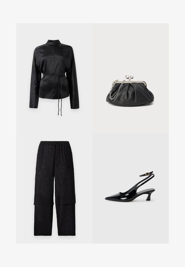 Chemise longue à manches longues en satin noir avec un col haut, taille cintrée et détail de cordon de serrage ajustable. Texture lisse avec une finition élégante.; Henrik Vibskov SHANTS PANTS - Pantalon classique - black; Escarpins à brides arrière en cuir verni noir, à bout pointu, avec un petit talon carré et une sangle de cheville ajustable dotée d'une boucle dorée.; Porte-monnaie en cuir noir avec texture froncée, cadre en métal argenté, fermeture à verrouillage kiss-lock et bandoulière en chaîne. Surface lisse et douce.