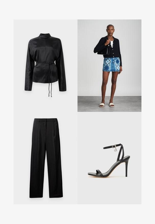 Chemise longue à manches longues en satin noir avec un col haut, taille cintrée et détail de cordon de serrage ajustable. Texture lisse avec une finition élégante.; Pantalon large noir en tissu lisse, avec des plis avant, des passants de ceinture et une fermeture éclair.; Sandale à talon haut noire avec une bride étroite à la cheville, bout carré, cuir lisse et accent de boucle métallique.; Un cardigan en maille noir, un haut blanc, une jupe en denim avec un motif de diamants bleus et noirs, un sac à main noir et des sandales à enfiler beiges.