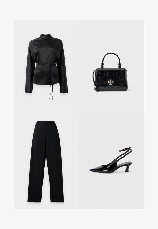 Chemise longue à manches longues en satin noir avec un col haut, taille cintrée et détail de cordon de serrage ajustable. Texture lisse avec une finition élégante.; Pantalons noirs taille haute à larges jambes avec bouton et fermeture éclair, passants de ceinture et finition en tissu lisse et propre.; Escarpins à brides arrière en cuir verni noir, à bout pointu, avec un petit talon carré et une sangle de cheville ajustable dotée d'une boucle dorée.; Sac à main noir à texture crocodile avec poignée supérieure et fermoir argenté, posé contre un fond clair uni.