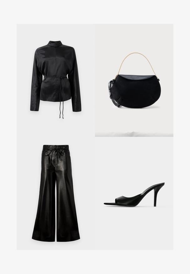 Chemise longue à manches longues en satin noir avec un col haut, taille cintrée et détail de cordon de serrage ajustable. Texture lisse avec une finition élégante.; Pantalons larges en cuir noir avec une taille à cordon de serrage. Texture lisse, taille haute, coupe décontractée, dotés de poches latérales et d'une fermeture à bouton.; Mule à talon haut en cuir noir à bout ouvert avec un talon stiletto fin, vue de profil sur un fond uni.; Sac à main noir en forme de croissant avec rabat en cuir lisse, anse chaîne dorée et sangle en cuir noir réglable sur fond blanc.