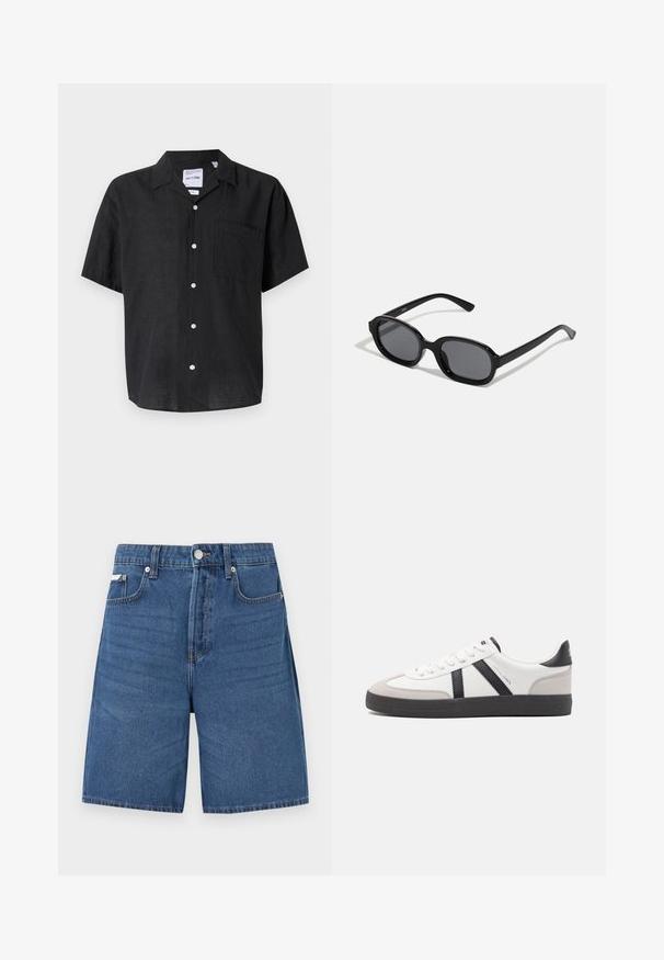 Chemise noire à manches courtes, boutonnée, fabriquée enlin. Elle présente une poche sur la poitrine gauche et des boutons blancs qui contrastent avec la texture du tissu.; Short en denim bleu clair avec fermeture éclair devant, bouton, passants de ceinture et cinq poches, présenté sur fond blanc uni.; Baskets blanches avec des accents noirs et gris, présentant un embout texturé gris, une semelle en caoutchouc noir et des lacets plats blancs. Design épuré, style minimaliste.; Zign by Zalando Lunettes de soleil - black