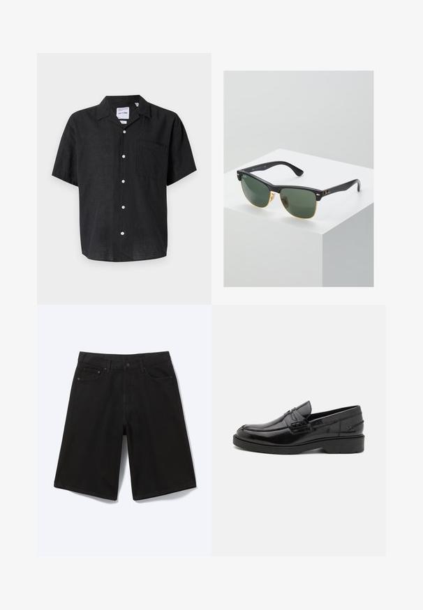 Chemise noire à manches courtes, boutonnée, fabriquée enlin. Elle présente une poche sur la poitrine gauche et des boutons blancs qui contrastent avec la texture du tissu.; Short en jean noir longueur genou avec bouton à l'avant, passants de ceinture et cinq poches, présenté sur fond blanc.; Mocassins en cuir noir avec une finition lisse, un bout rond, un petit talon et descoutures décoratives à l'avant. Semelle en caoutchouc pour l'adhérence.; Lunettes de soleil Ray-Ban avec des verres verts, monture en plastique noir et accents dorés sur les bords. Forme carrée avec une finition mate.