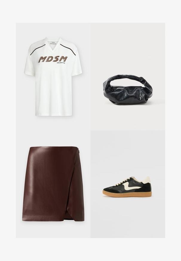 T-shirt blanc à manches courtes avec col en V, passepoil marron sur les épaules, et texte « MDSM Collective » en police marron en gras à l'avant.; Jupe portefeuille en cuir marron avec une texture lisse, ourlet asymétrique et fermeture éclair sur le côté. Design minimaliste sans motifs ni accents.; Baskets en daim et cuir noir avec un swoosh latéral crème et un talon crème clair. Dotées de lacets beige et d'une semelle en caoutchouc gomme.; Sac noir en matériau texturé et brillant avec une poignée circulaire torsadée et une fermeture éclair. Présente un design doux et froissé.