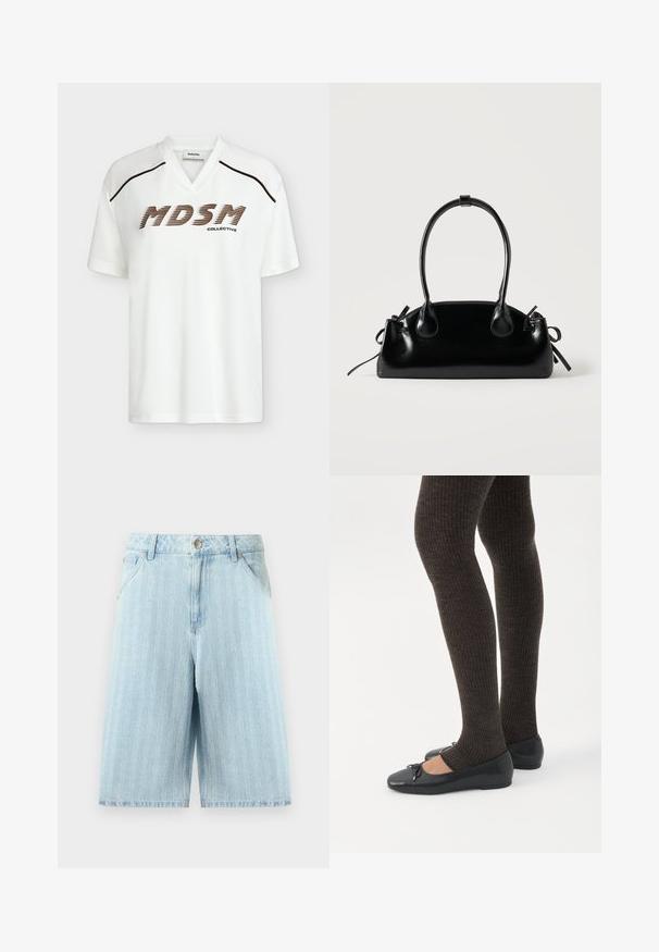 T-shirt blanc à manches courtes avec col en V, passepoil marron sur les épaules, et texte « MDSM Collective » en police marron en gras à l'avant.; Short en jean bleu clair avec des rayures blanches verticales, poches avant, passants pour ceinture et fermeture par bouton métallique.; Jambes portant des leggings côtelés foncés associés à des ballerines noires avec de petits détails en nœud sur fond blanc.; Petit sac à main noir brillant avec deux longues anses et des détails à cordon sur les côtés sur un fond clair uni.
