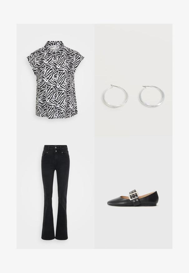 Korting mouwloze zwart-wit blouse met een vloeiende abstracte zebrapatroon, voorzien van een kraag en een sluiting met knopen aan de voorkant. Gladde stoftextuur.; Zwarte flared jeans van denim, met een hoge taille, twee knopen en voorzakken. De stof heeft een gladde textuur met een lichte rek.; Zwarte platte leren schoen met spits toelopende neus en een decoratieve gespsluiting met zilverkleurige metalen details en kleine uitsparingen.; Zilverkleurige metalen creolen oorbellen met een glad, licht gebogen oppervlak en sluitingen met haaksluiting op een effen witte achtergrond.