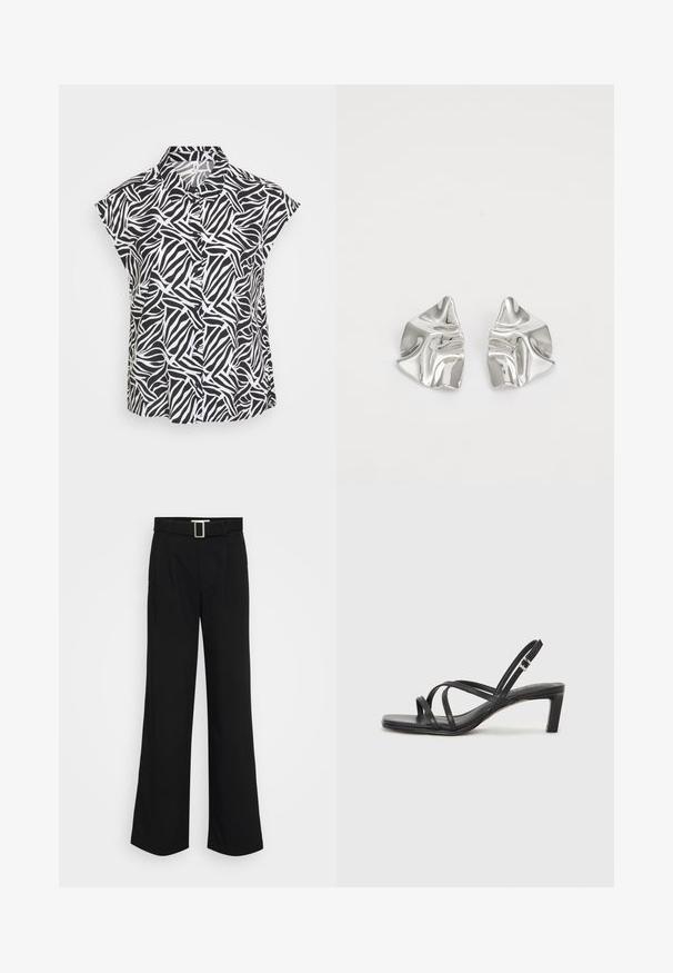 Korting mouwloze zwart-wit blouse met een vloeiende abstracte zebrapatroon, voorzien van een kraag en een sluiting met knopen aan de voorkant. Gladde stoftextuur.; Zwarte wijde broek gemaakt van lichtgewicht stof, met een gladde textuur, voorplooien en een riem met een vierkante metalen gesp.; Zwarte sandaal met bandjes, vierkante teen en een lage blokhak. Voorzien van meerdere dunne bandjes en een verstelbare enkelband. Gemaakt van zacht leer.; Zilveren metalen oorbellen met een golvend, sculpturaal ontwerp, voorzien van een gepolijste afwerking en onregelmatige vormen, die een hedendaagse esthetiek benadrukken.