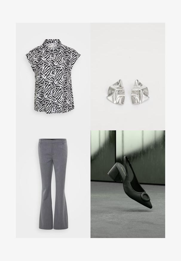 Blusa de manga corta en blanco y negro con un patrón abstracto de cebra fluido, con cuello y cierre de botones en el frente. Textura de tela suave.; Gina Tricot Tall RELAXED TROUSERS - Pantalones - grey melange; Zapato de tacón alto con tira trasera de cuero negro, puntera puntiaguda y detalle de hebilla circular, sobre un suelo gris y fondo desenfocado.; Pendientes de metal plateado con un diseño ondulado y escultórico, que presentan un acabado pulido y formas irregulares, destacando una estética contemporánea.