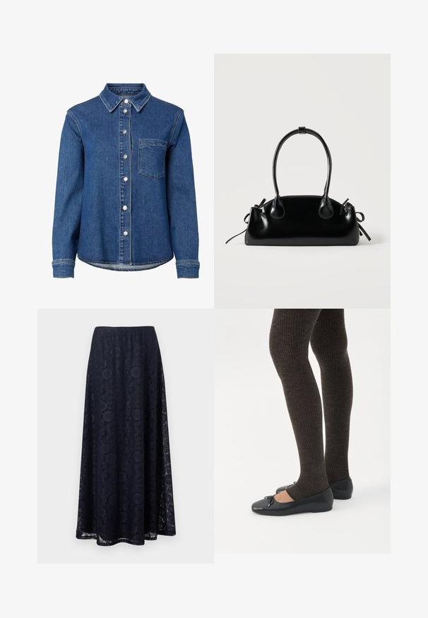 Chemise en denim bleu à manches longues avec boutons sur le devant, une seule poche poitrine à gauche et un col classique.; Jupe bleu marine de style trapèze avec une superposition de dentelle florale et un ourlet mi-long, présentant un motif complexe circulaire et géométrique.; Jambes portant des leggings côtelés foncés associés à des ballerines noires avec de petits détails en nœud sur fond blanc.; Petit sac à main noir brillant avec deux longues anses et des détails à cordon sur les côtés sur un fond clair uni.