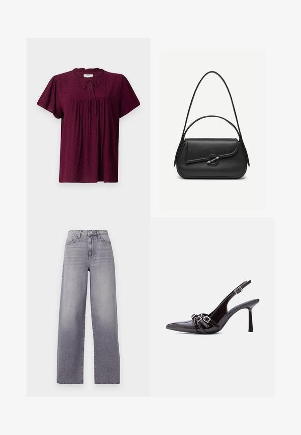 Blouse bourgogne avec des manches courtes bouffantes, tissu texturé avec un subtil motif à pois, devant plissé et détail de col noué.; Jeans taille haute à jambes larges en denim gris clair. Présentent un design classique à cinq poches, un léger délavage et une fermeture à bouton en métal.; Chaussure à talon haut slingback en cuir verni noir, bout pointu, avec trois brides décoratives bouclées sur le dessus.; Sac à main en cuir noir avec bords arrondis, rabat asymétrique, fermoir circulaire en métal, et des bandoulières courtes et longues.