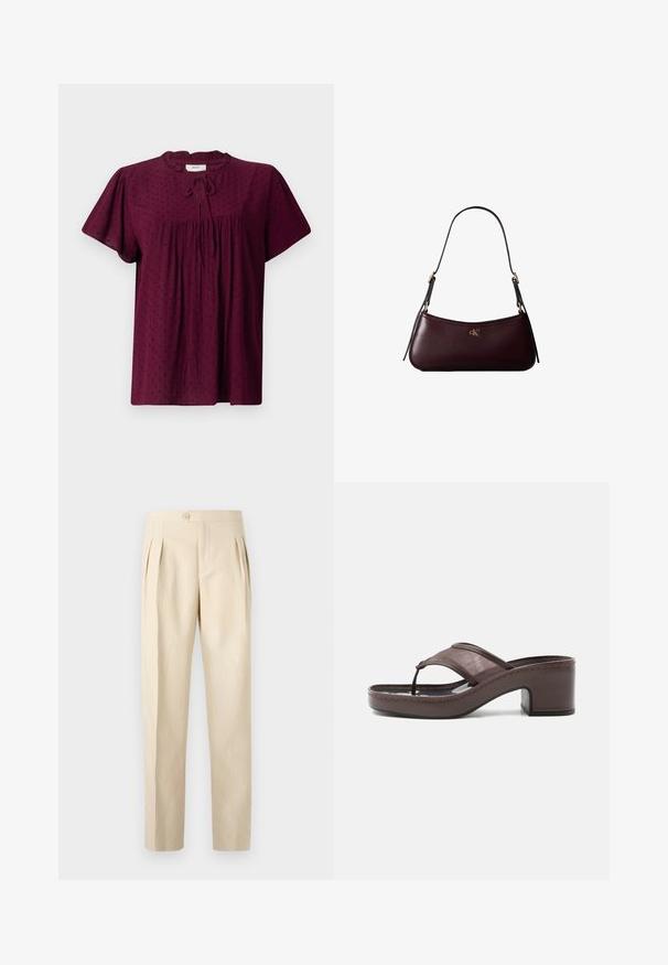 Blouse bourgogne avec des manches courtes bouffantes, tissu texturé avec un subtil motif à pois, devant plissé et détail de col noué.; Pantalons beiges taille haute avec plis avant, fermeture à bouton unique et coupe droite. Fabriqués à partir d'un tissu texturé et tissé.; Sandale marron à talon avec lanière en mesh et design en tige, dotée d'un talon bloc et d'une semelle cousue, présentée de profil sur fond blanc.; Sac à main en cuir bordeaux foncé avec une fine sangle d'épaule noire et un petit logo doré "cK" au centre devant.