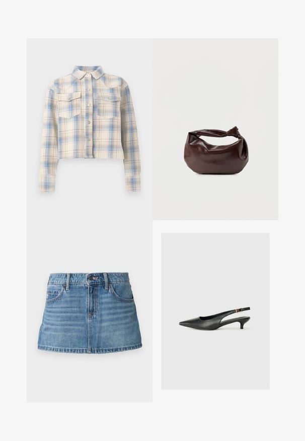 Chemise courte boutonnée avec manches longues et poches à rabat sur la poitrine, présentant un motif à carreaux beige, bleu et marron clair.; Jupe mini en denim clair avec un design structuré. Comprend des poches avant, des passants de ceinture et un léger dégradé pour ajouter de la texture.; Chaussure slingback noire à bout pointu en cuir lisse. Présente un talon fin et un détail de boucle sur la sangle réglable.; Sac bandoulière en cuir marron foncé avec une forme souple et décontractée et une anse nouée torsadée sur un fond blanc uni.