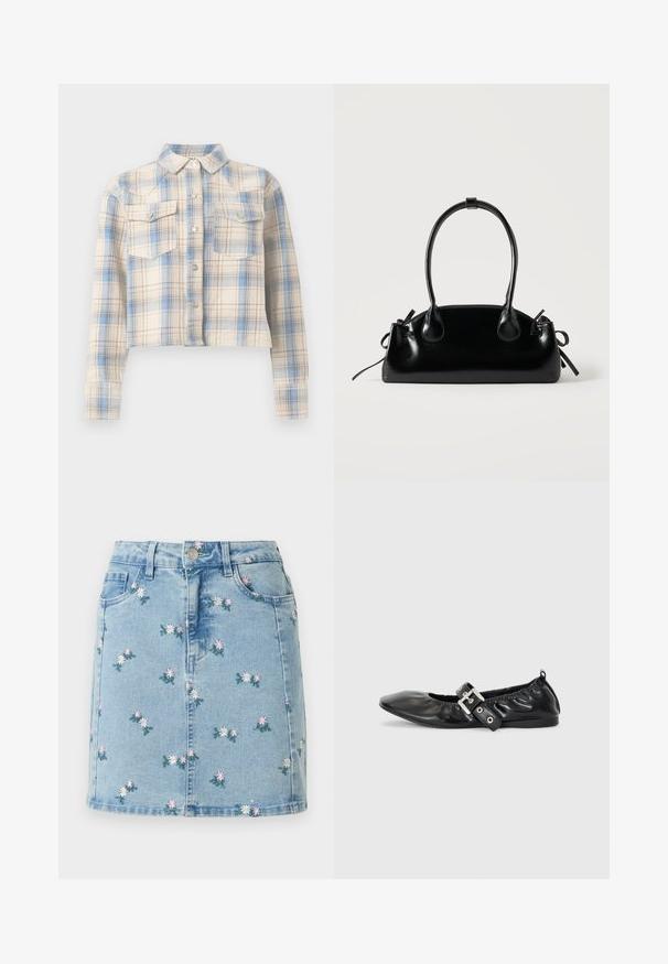 Chemise courte boutonnée avec manches longues et poches à rabat sur la poitrine, présentant un motif à carreaux beige, bleu et marron clair.; Jupe en denim bleu clair avec petites fleurs roses et blanches brodées, poches avant, passants pour ceinture et fermeture par boutons.; Chaussure plate en cuir noir avec un nez pointu, des détails froncés autour de l'ouverture et un accent en boucle argentée sur la bride ajustable.; Petit sac à main noir brillant avec deux longues anses et des détails à cordon sur les côtés sur un fond clair uni.