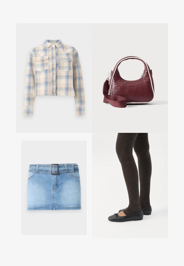Chemise courte boutonnée avec manches longues et poches à rabat sur la poitrine, présentant un motif à carreaux beige, bleu et marron clair.; Mini-jupe en jean bleu clair avec poches avant, passants pour ceinture et ceinture en jean assortie avec une boucle carrée argentée.; Jambes portant des leggings côtelés foncés associés à des ballerines noires avec de petits détails en nœud sur fond blanc.; Sac à main en cuir tressé marron foncé avec poignée courbée, garniture blanche, fermeture éclair argentée et bandoulière large en tissu amovible sur fond uni.