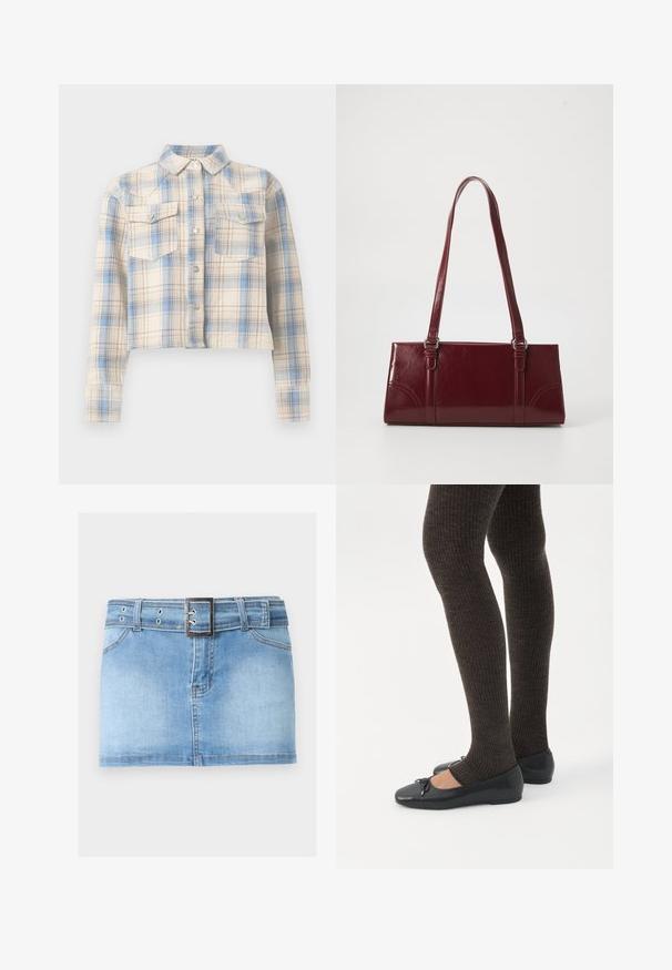 Chemise courte boutonnée avec manches longues et poches à rabat sur la poitrine, présentant un motif à carreaux beige, bleu et marron clair.; Mini-jupe en jean bleu clair avec poches avant, passants pour ceinture et ceinture en jean assortie avec une boucle carrée argentée.; Jambes portant des leggings côtelés foncés associés à des ballerines noires avec de petits détails en nœud sur fond blanc.; Sac à main bordeaux en matériau brillant, de forme rectangulaire, avec deux anses et des accents légèrement courbés à l'avant.