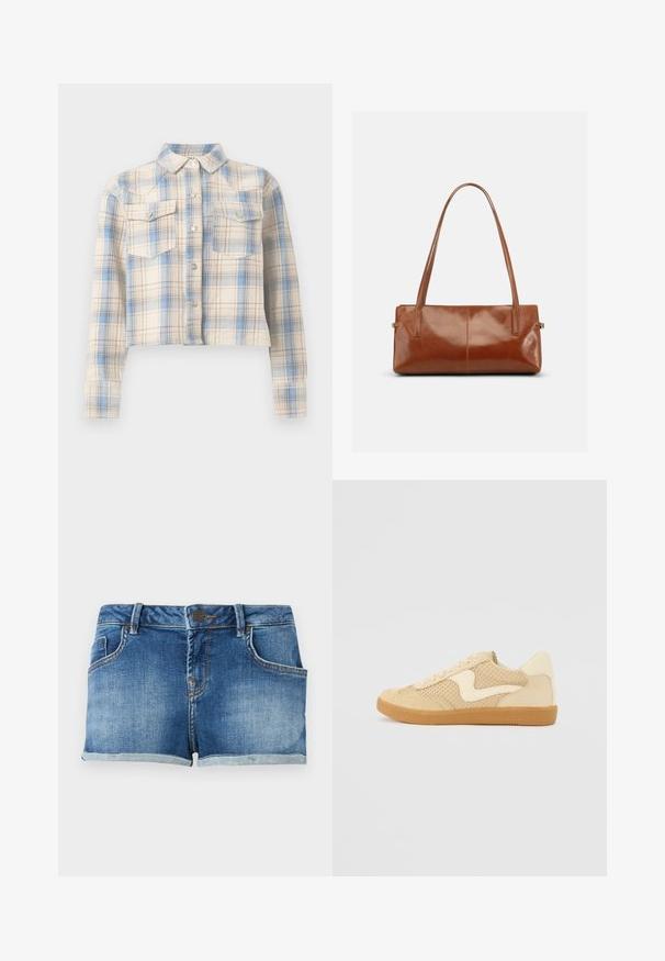 Chemise courte boutonnée avec manches longues et poches à rabat sur la poitrine, présentant un motif à carreaux beige, bleu et marron clair.; Short en denim bleu avec bouton sur le devant, passants pour ceinture, poches avant et ourlet retroussé sur un fond clair uni.; Sneaker beige avec des matériaux en daim et en maille, forme arrondie, col rembourré proéminent et semelle en caoutchouc gomme. Présente un accent de design en forme de vague.; Sac à main rectangulaire en cuir marron avec deux longues bandoulières, finition lisse et brillante, au design minimaliste sur un fond uni.